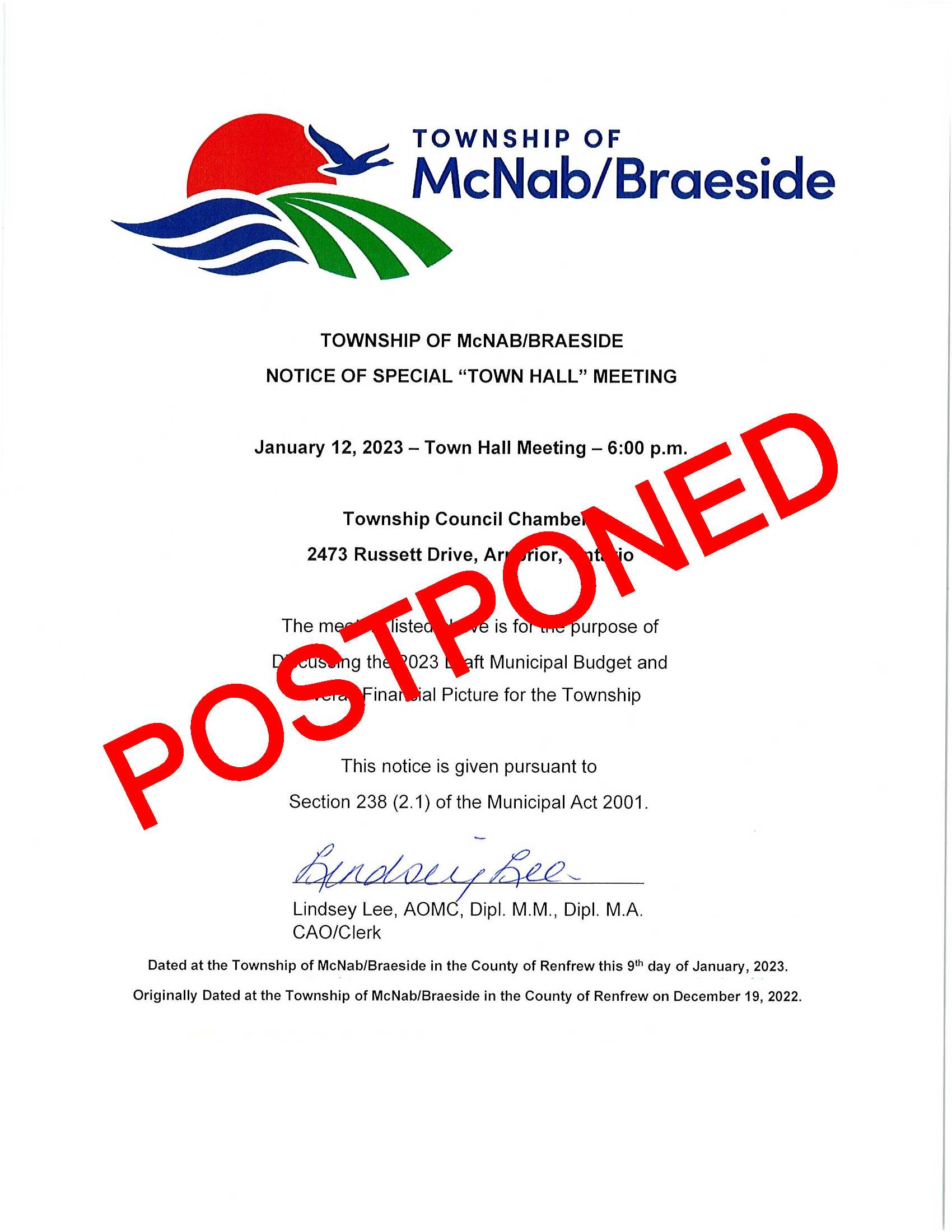 POSTPONED Special Town Hall Meeting January 12, 2023